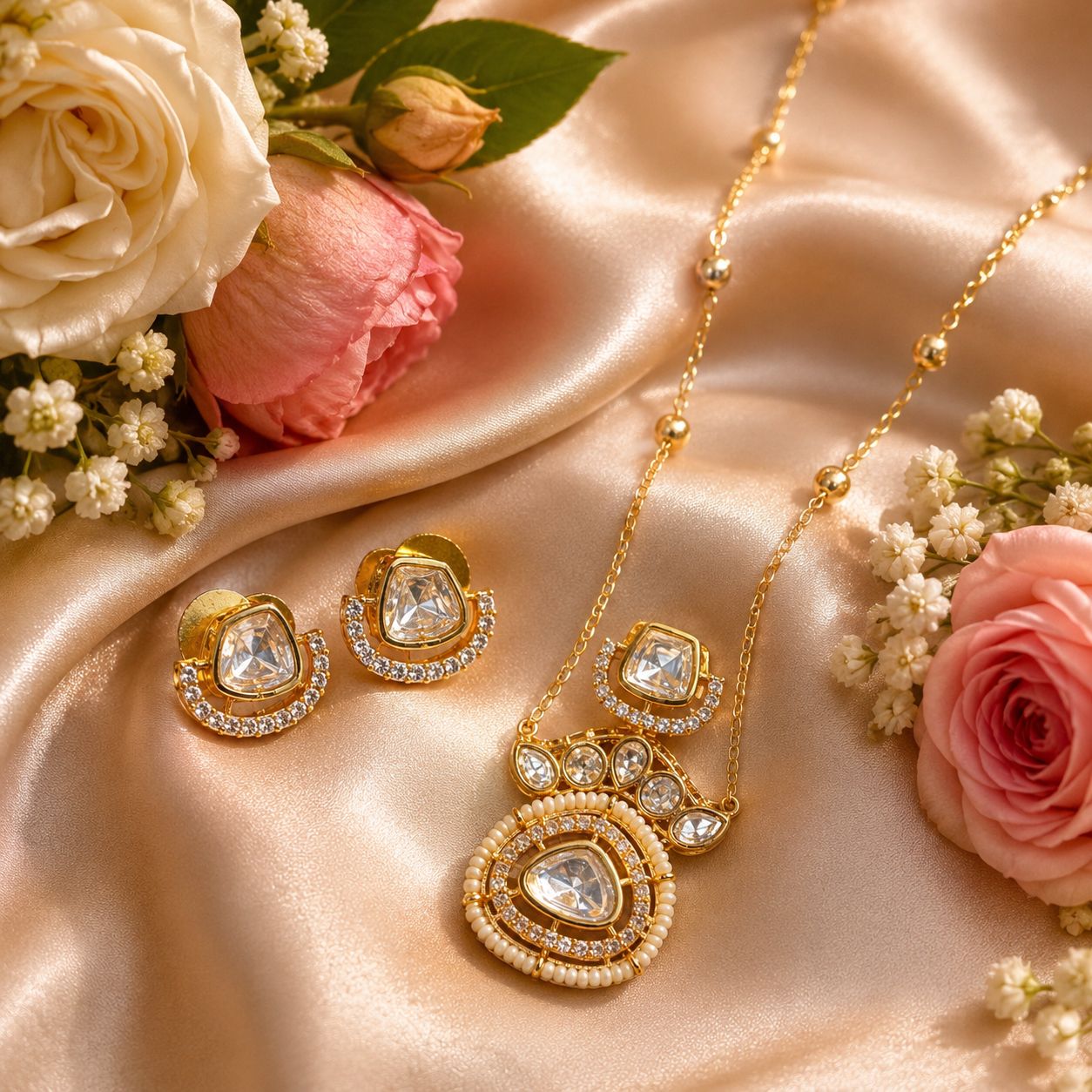 Noor Kundan Inspired  Delicate Necklace Set With Studs
