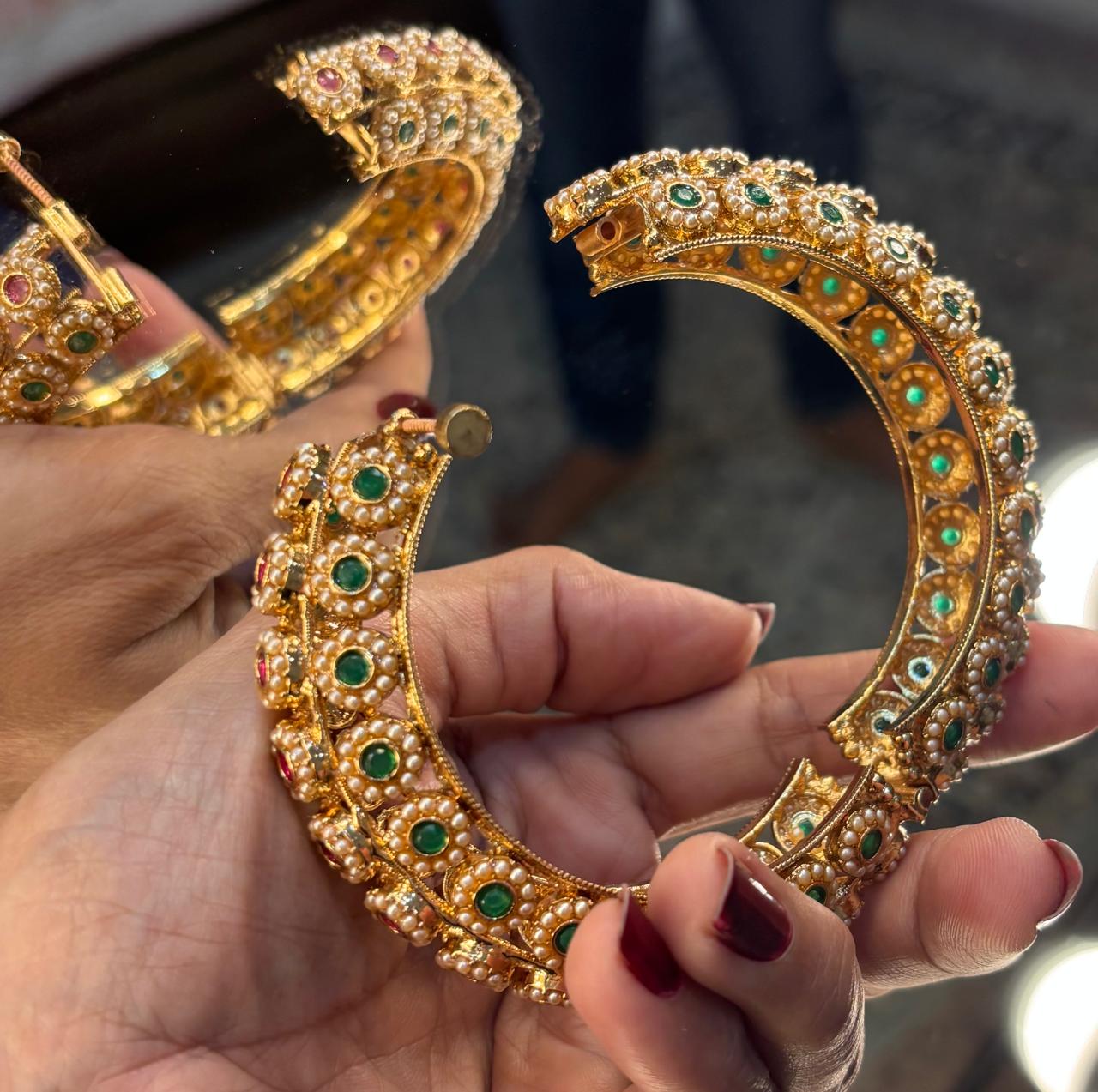 ethnic multistone  and pearls openable kada bangles  