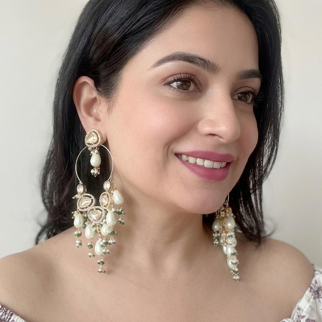 beautiful long earrings with pearl and polki moissanite diamond