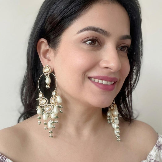 beautiful long earrings with pearl and polki moissanite diamond