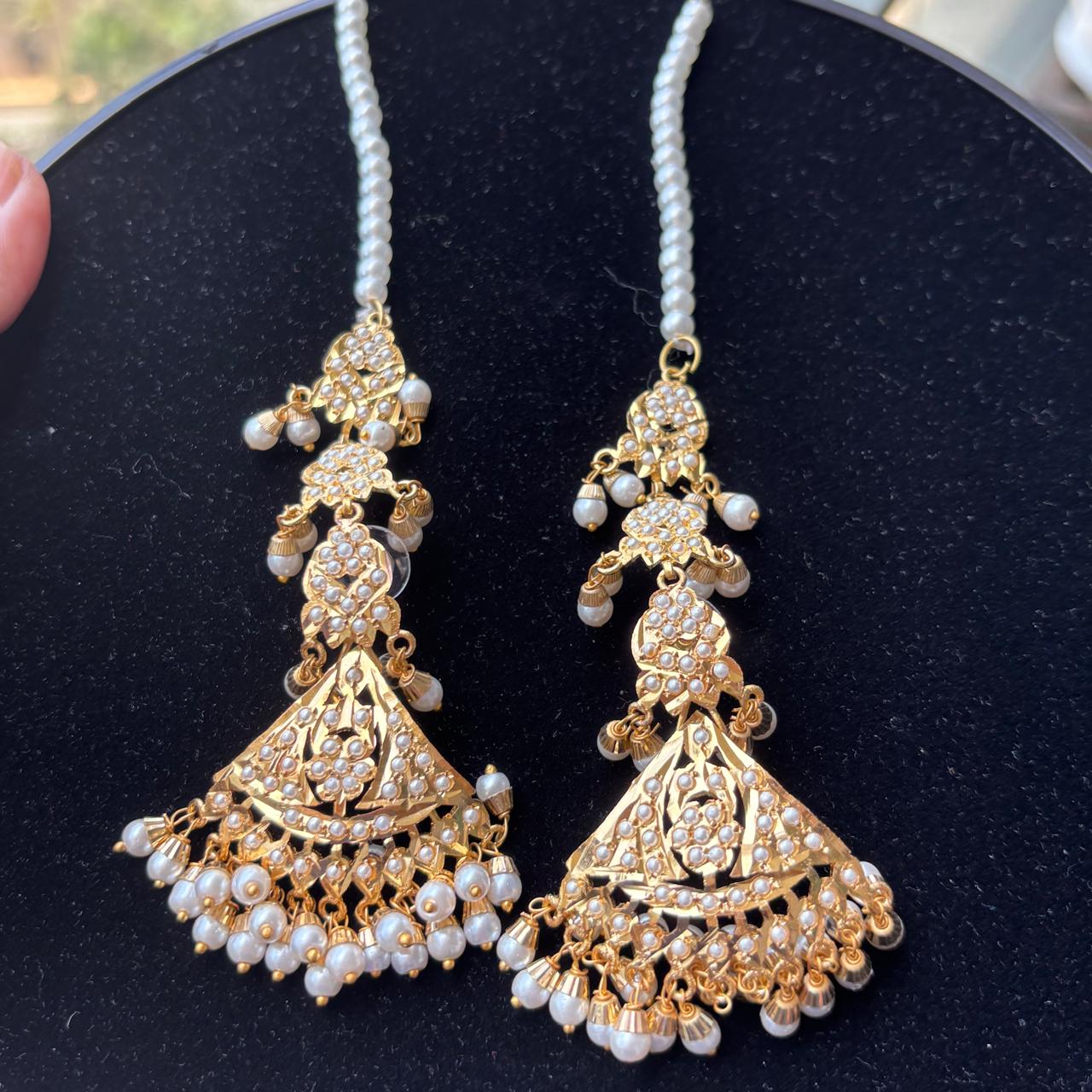 Pearls Jadau  gold plated Earrings with Kannauti  kanchain ear climber