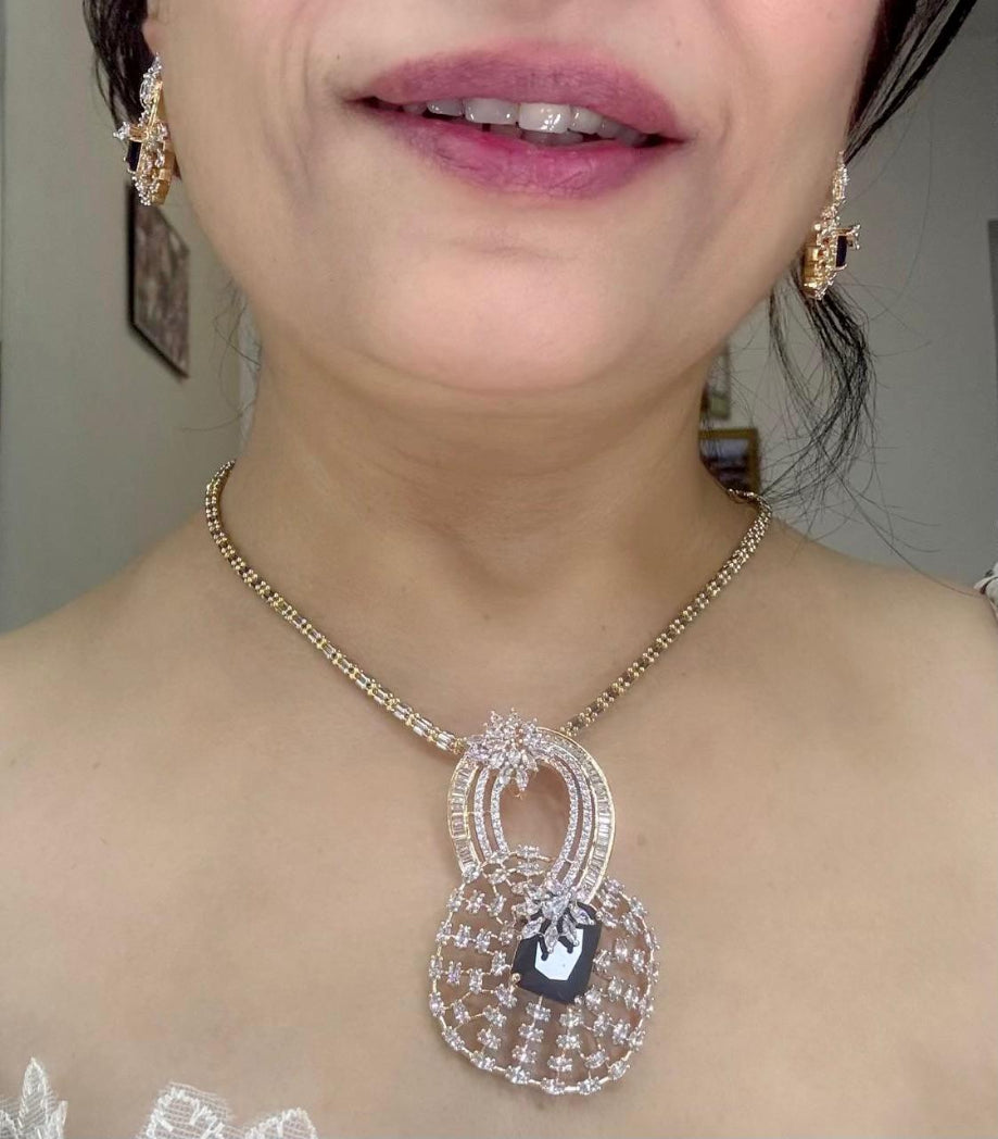 luxury like fine jewellery blue stone and american diamond gold pendant set
