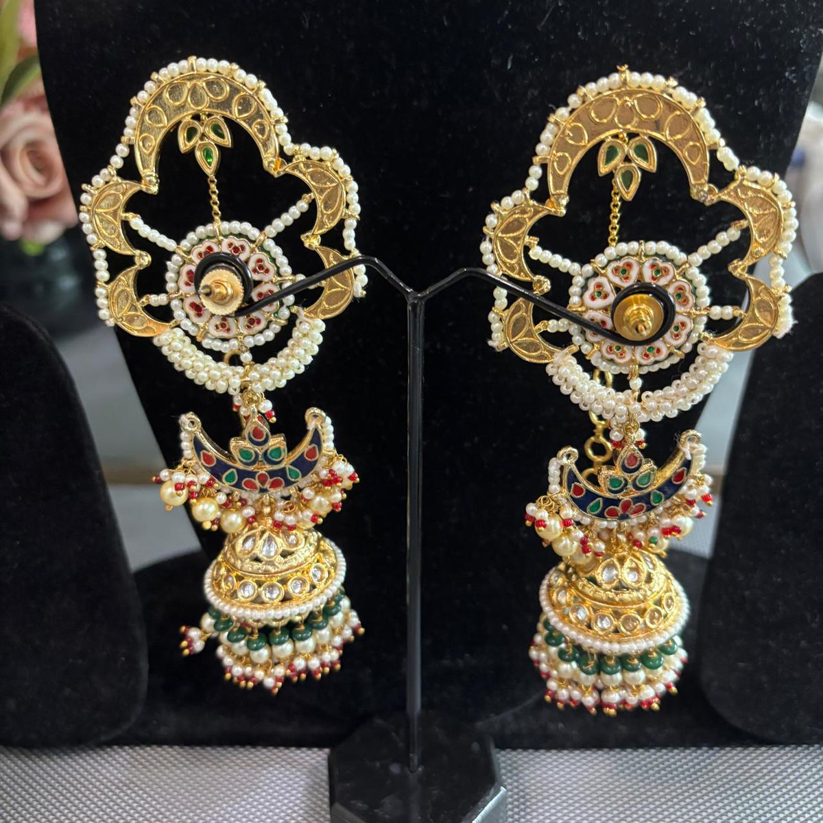Back view of Mina work of  Lightweight Big floral kundan earcuff earrings with pearl detailing and jhumka drop