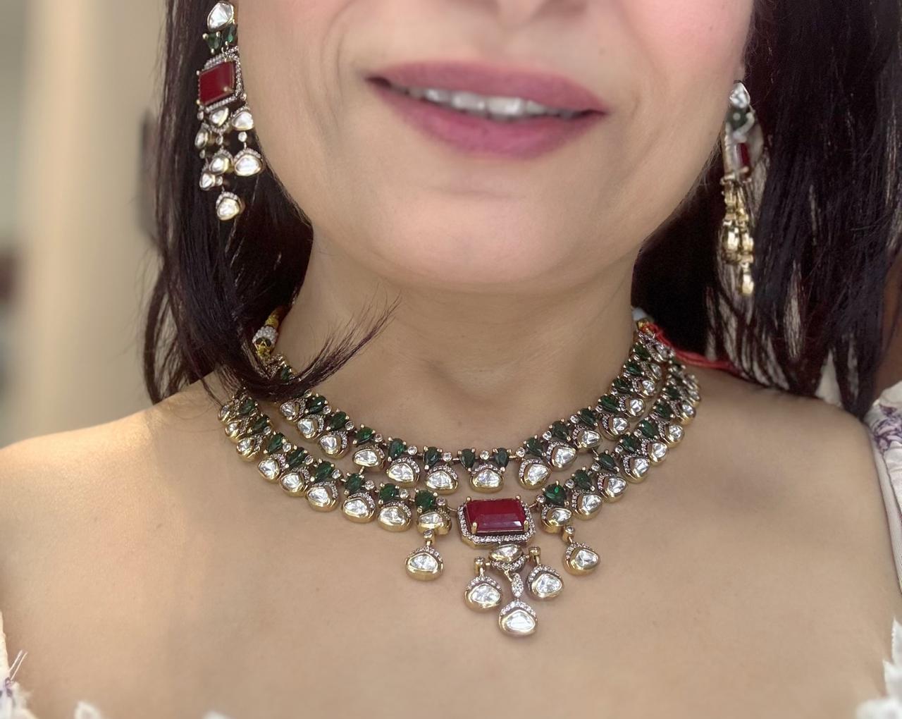  luxurious necklace and earrings with Ruby and polki uncut diamonds