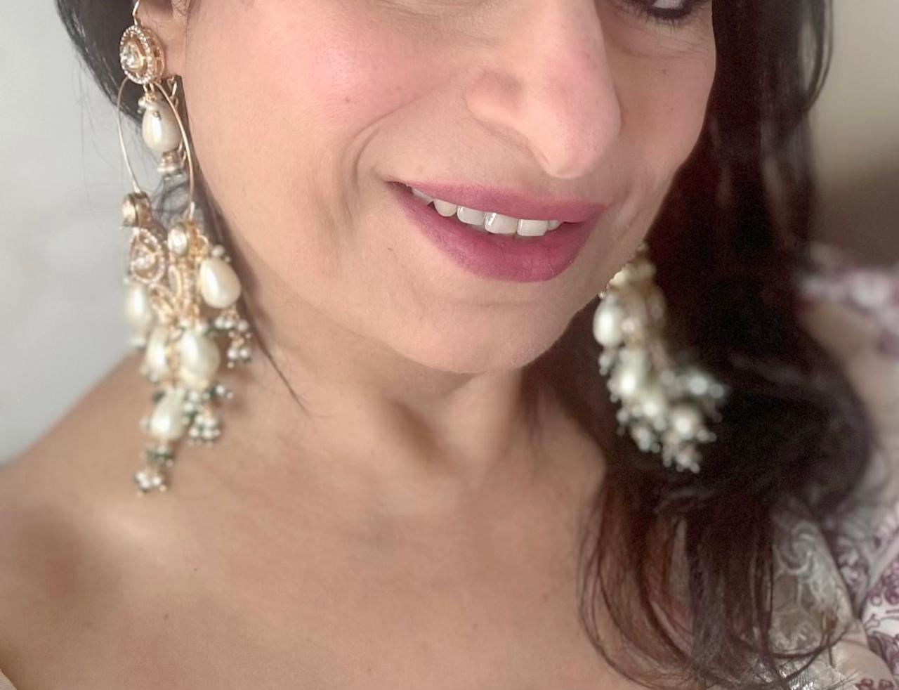 beautiful long earrings with pearl and polki moissanite diamond