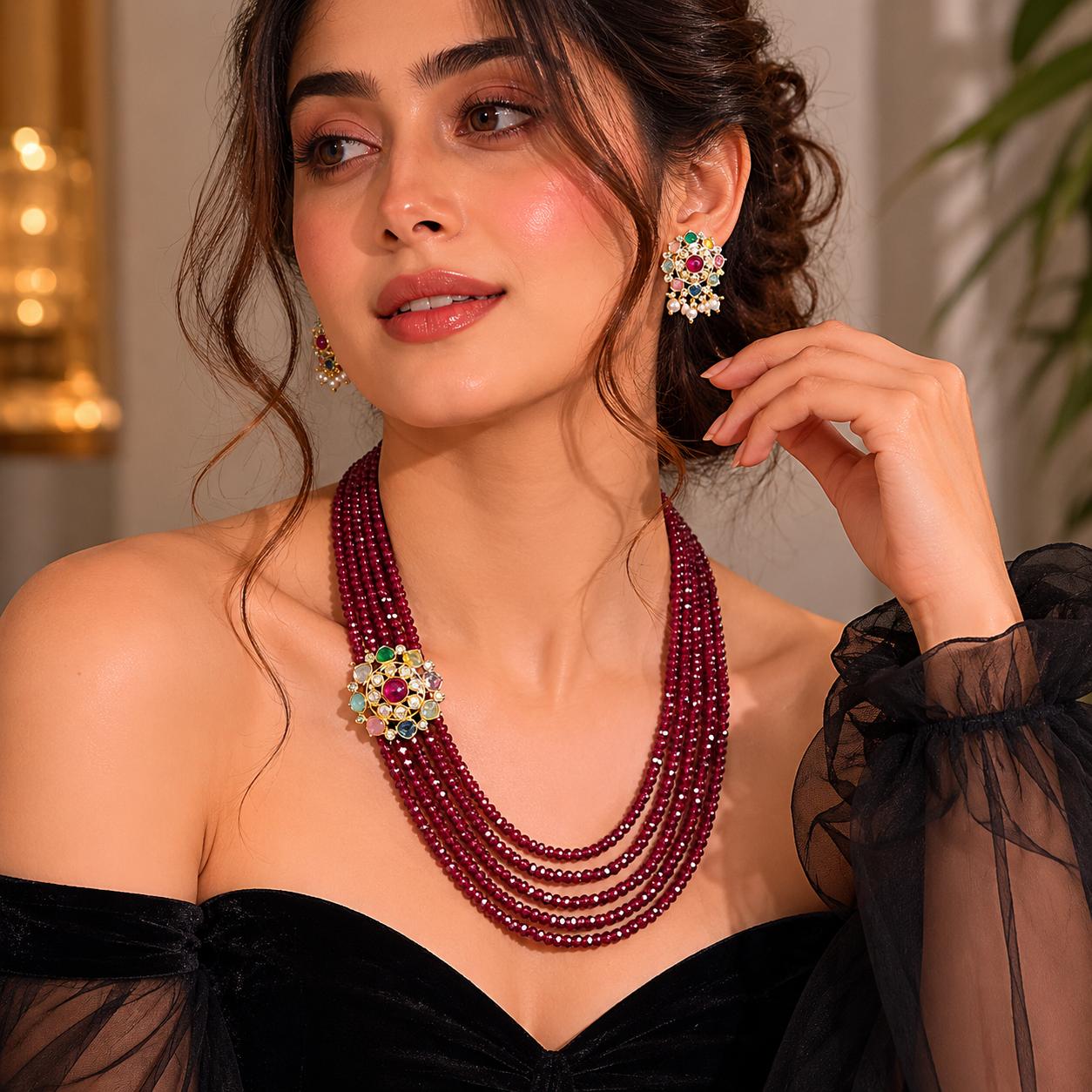 Red Beads Maala Navratan Studs Necklace Set
