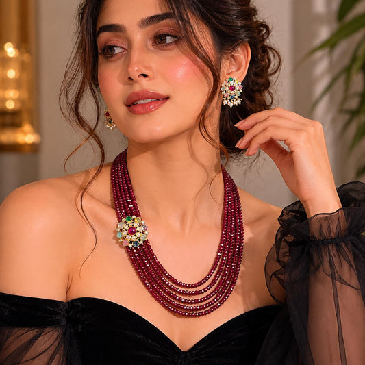 Red Beads Maala Navratan Studs Necklace Set