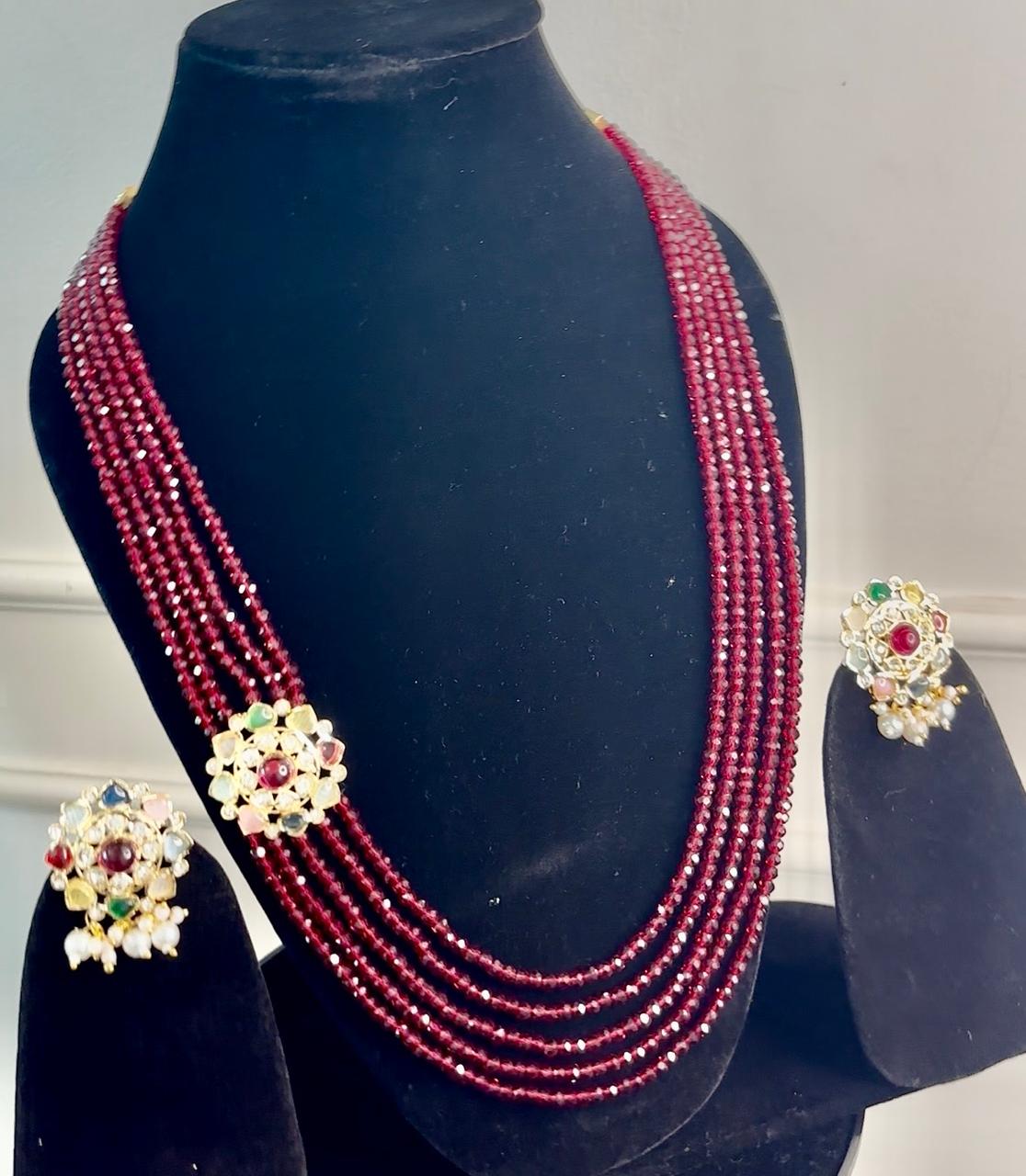 Red Beads Maala Navratan Studs Necklace Set