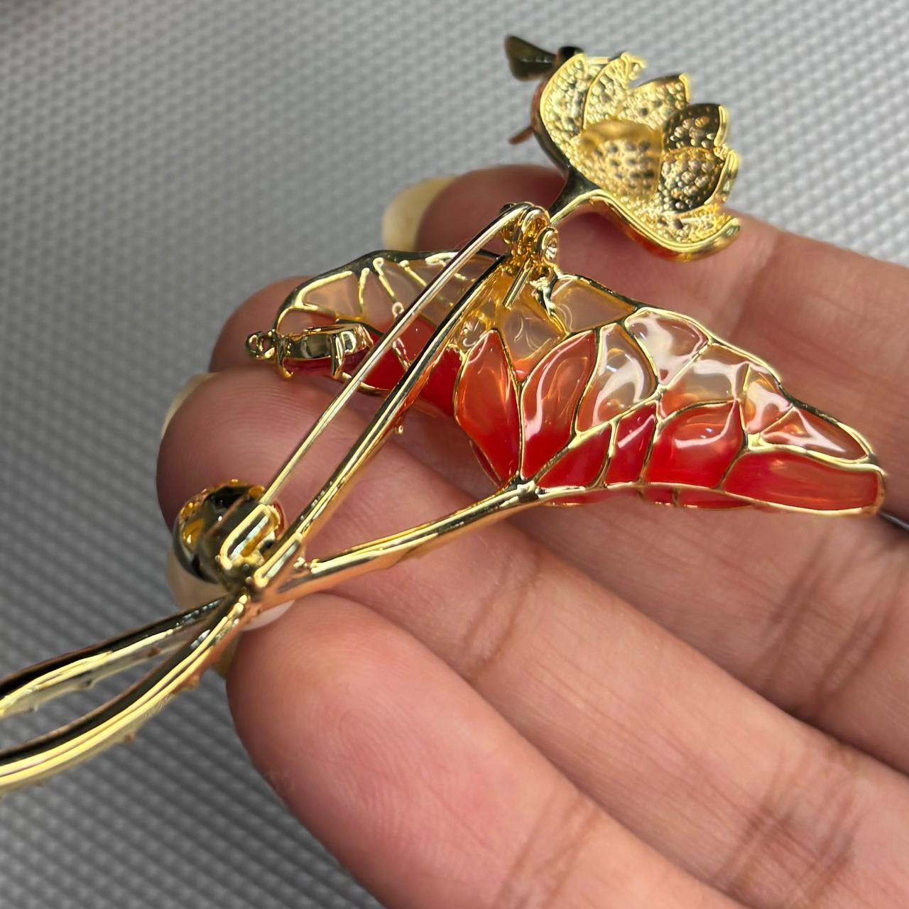 Red enamel tulip flower brooch with pearl and cubic zirconia in gold finish by Bebaak Jewels