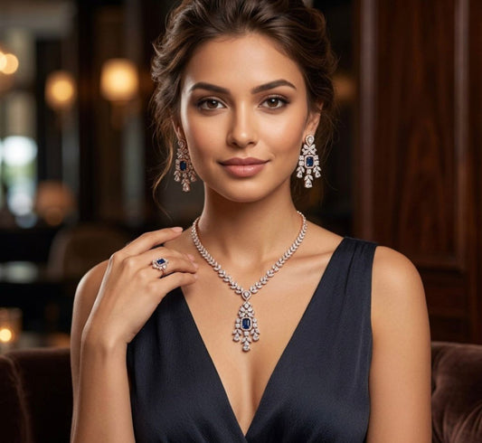 Rosegold Diamond necklace set with blue stone