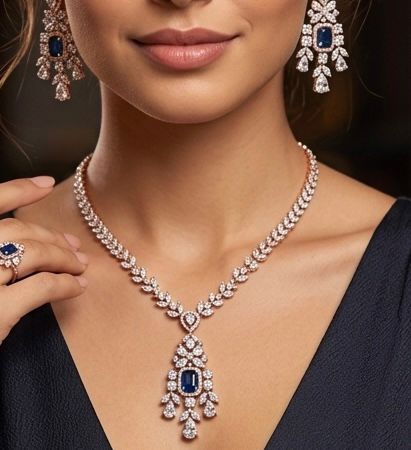 Rosegold Diamond necklace set with blue stone