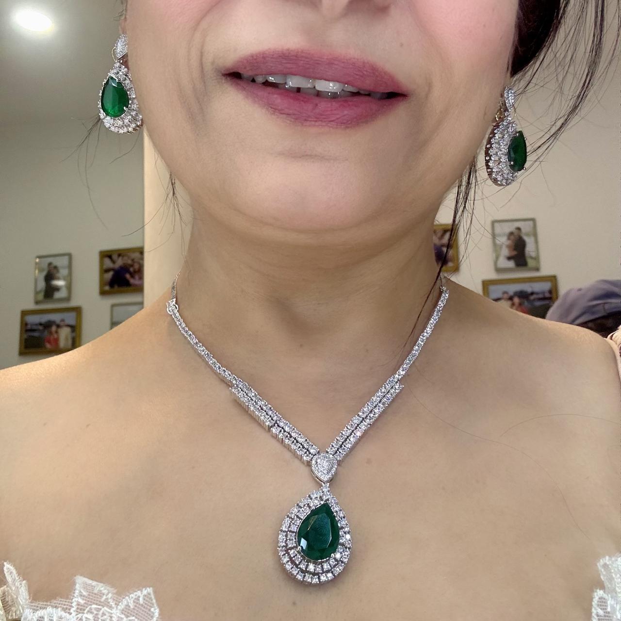 sophisticated american diamond  necklace set with emerald stone pendant  and  matching earrings
