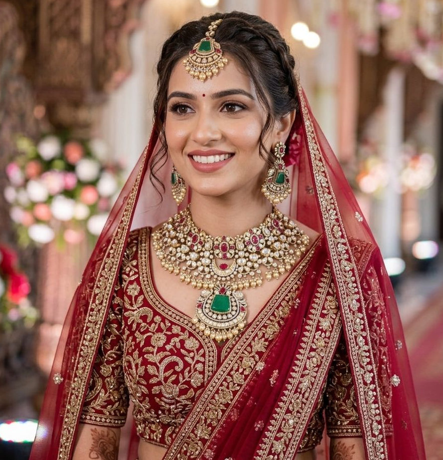 Royal Bridal  kundan polki moissanite set with rubies and emerald