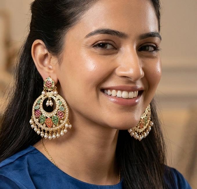 jadau multistone big size lightweight  earrings in gold
