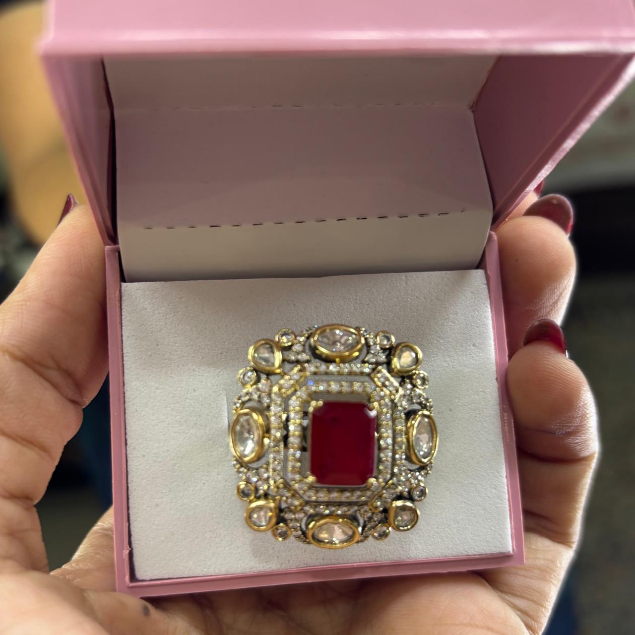 adjustable ruby kundan and diamonds finger ring