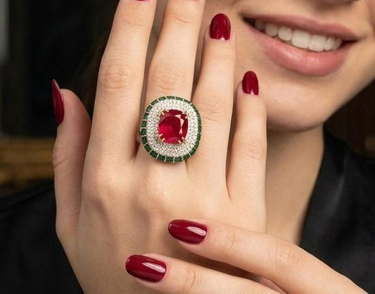 luxurious ruby and diamonds adjustable finger ring with green beads 