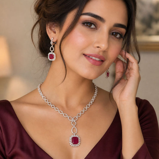 replica of fine jewellery luxurious ruby and american  diamond necklace set