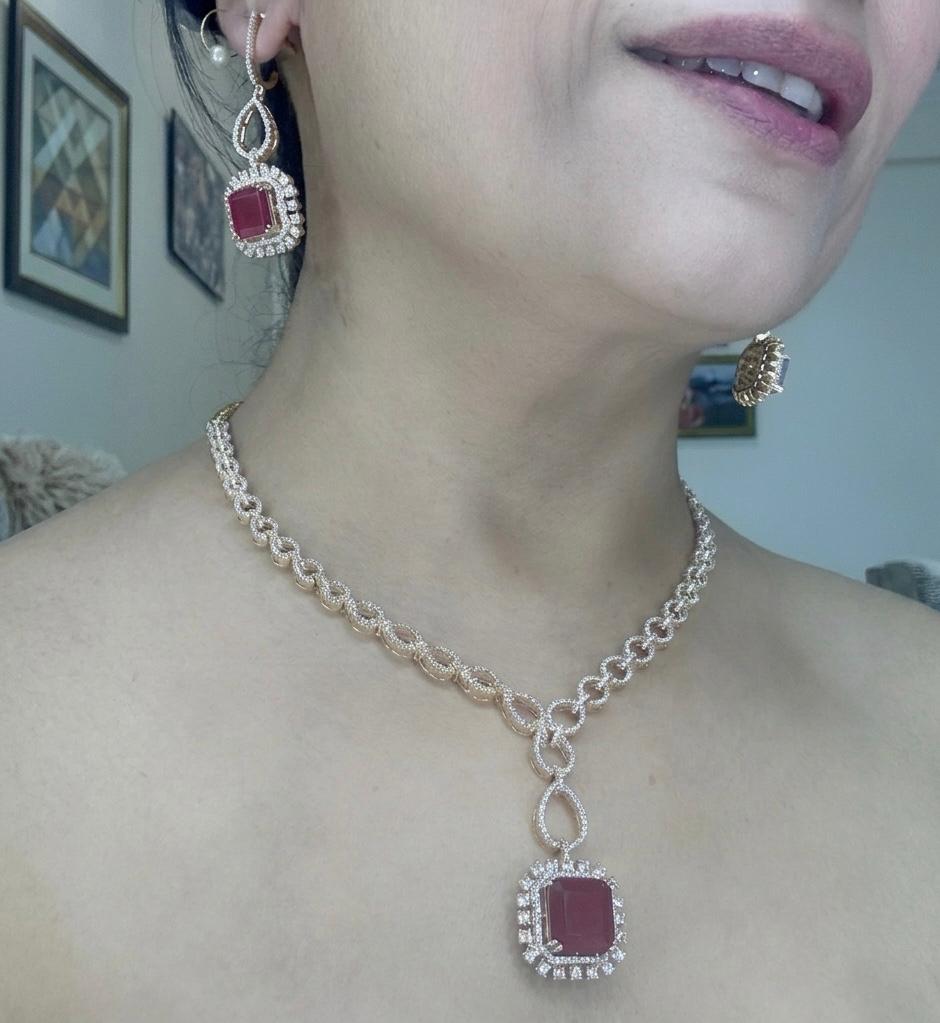 replica of fine jewellery luxurious ruby and american  diamond necklace set