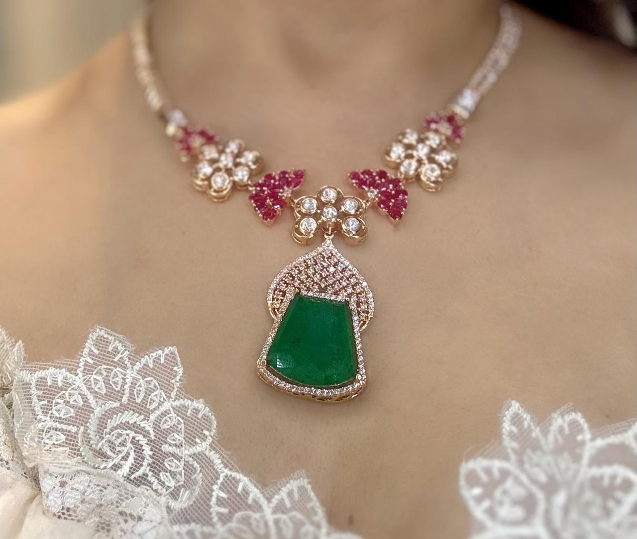 Ruby and Emerald with uncut Polki diamonds  Indo western Necklace Set for cocktail parties
