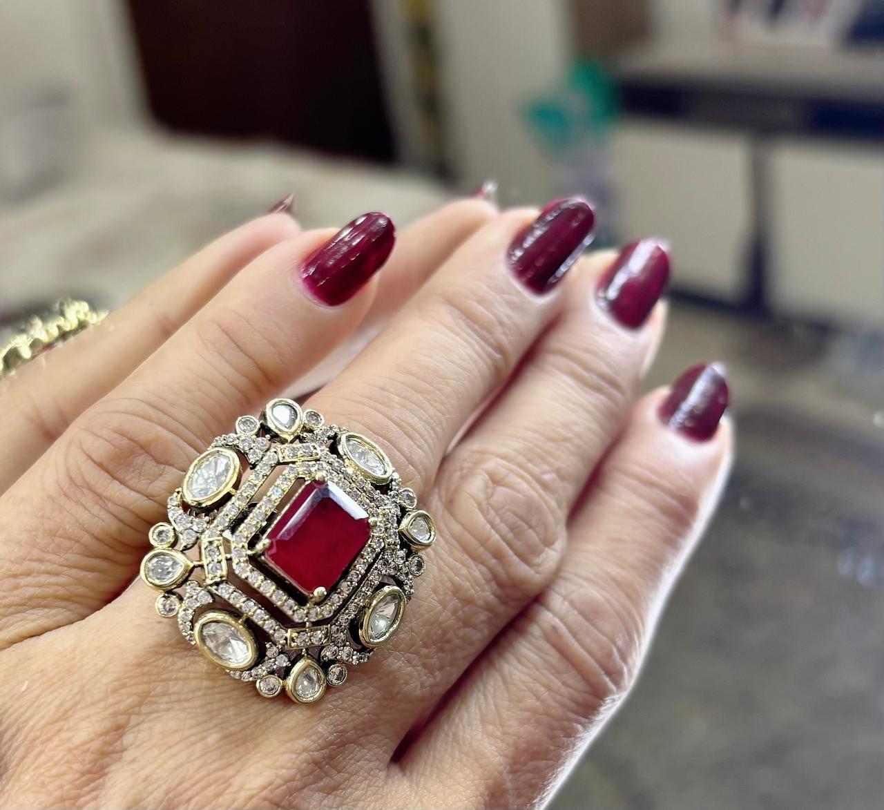 adjustable ruby kundan and diamonds finger ring