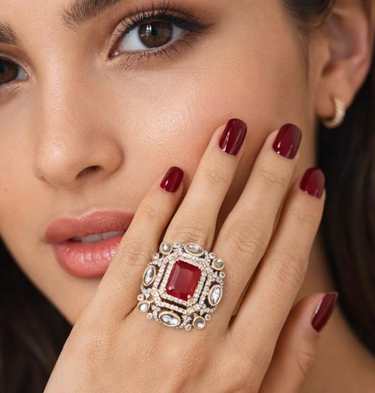adjustable ruby kundan and diamonds finger ring