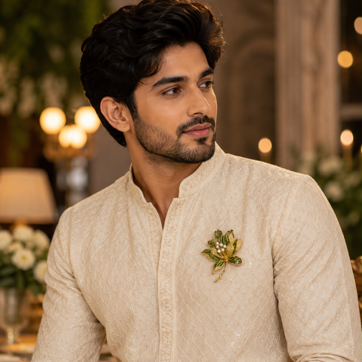 Luxury gold plated tulip floral brooch pin with CZ diamonds, pearls and green enamel leaves for saree, blazer, men’s kurta, doctor coat and lawyer coat