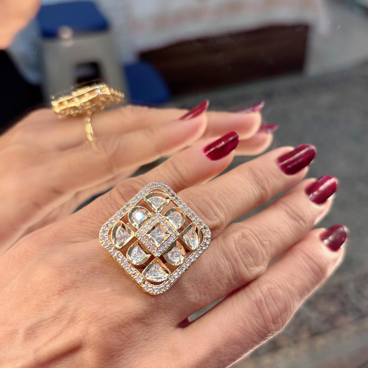 adjustable uncut polki moissanite and diamond ring in gold plating